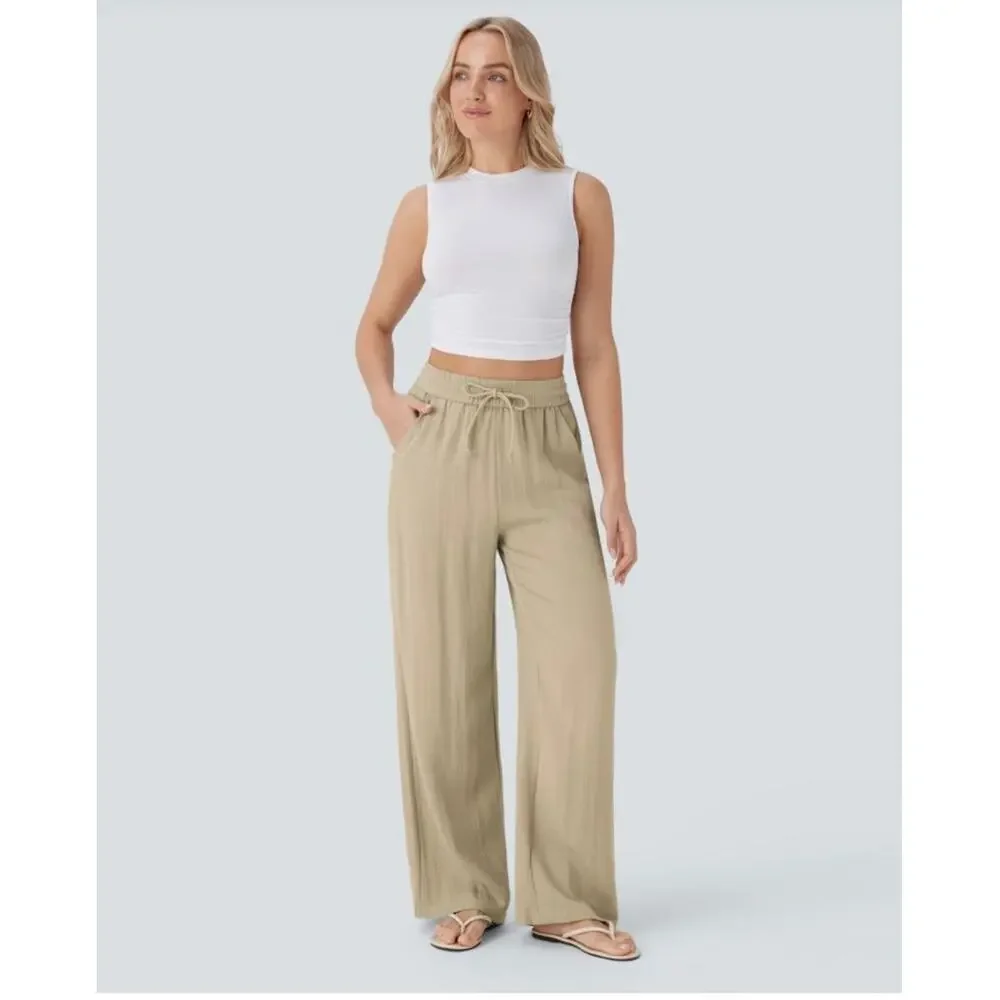 Halara Tan High Waisted Drawstring Wide Leg Baggy Linen Feel Pants Size XS